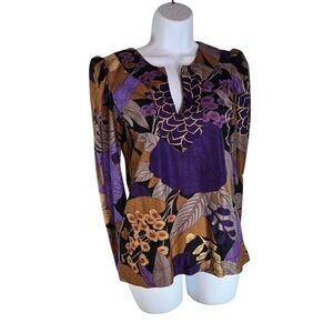 Vtg 70s purple oriental floral long sleeve blouse